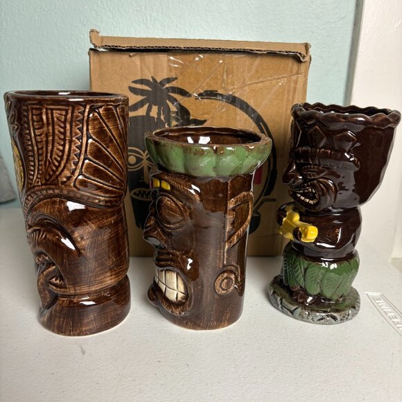 Set of 3 Tiki Bar Mugs 7" Tiki Lin - Picture 2 of 7